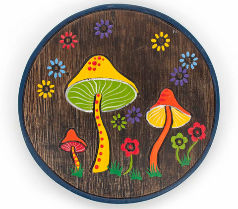 Round Wooden Mushroom Plaque with Flower Design.